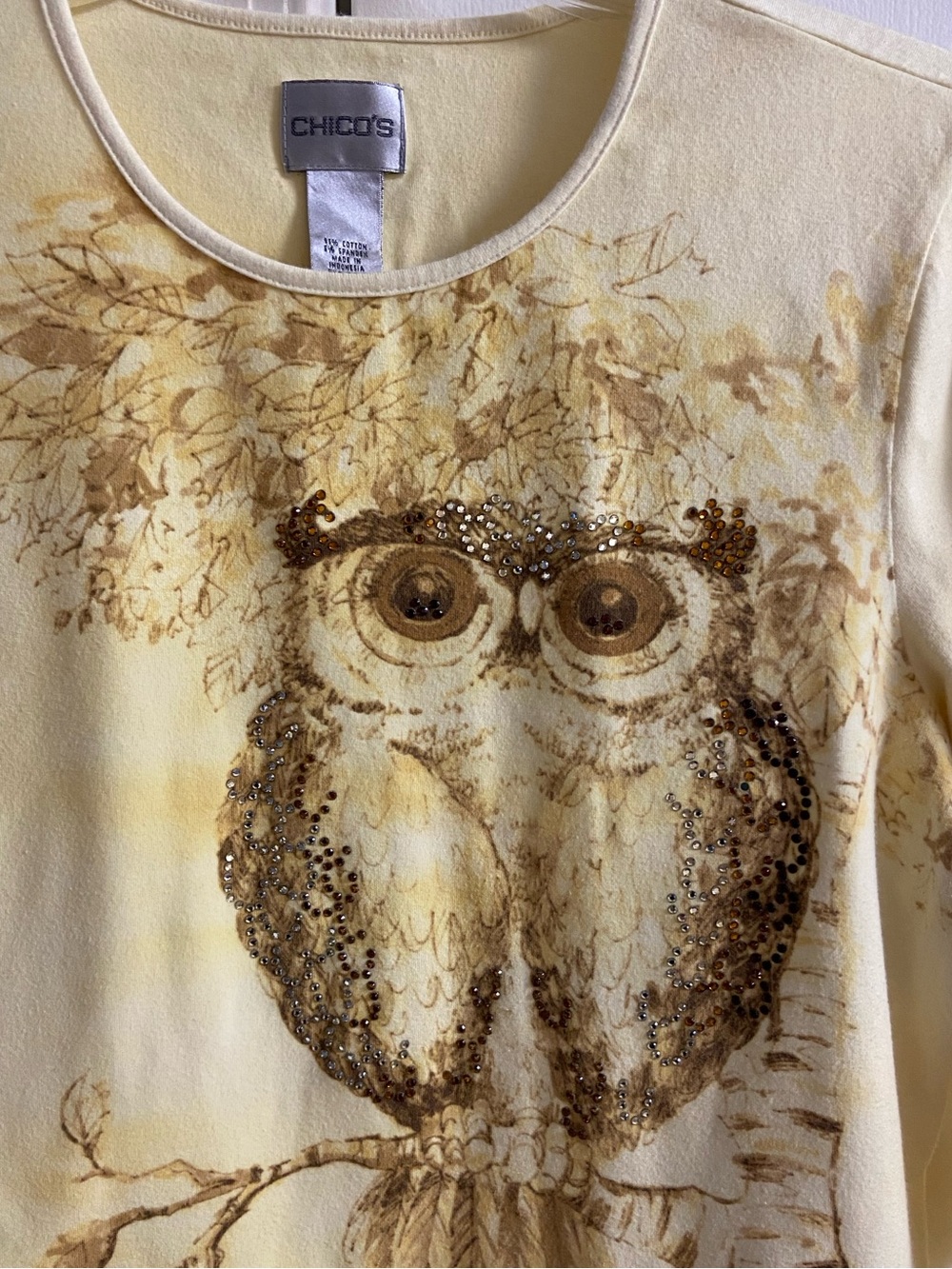 Chico's Vintage Sequin Owl Tee Butter Yellow Large - Picture 3 of 5